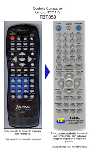 Controle Remoto Dvd Lenoxx Rc 711 Fv Fbt350
