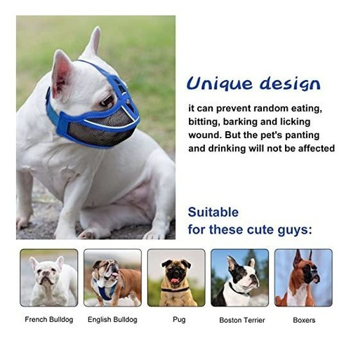 Imagen 4 de 11 de Bozal Para Perro De Hocico Corto Ajustable De Malla Xl Azul