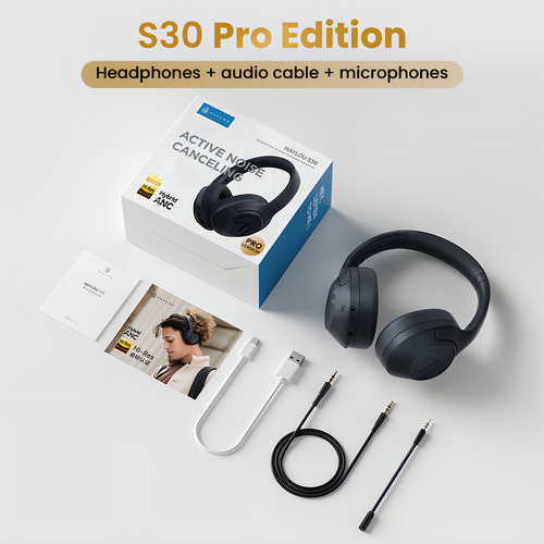 Fones de ouvido Haylou S30 Pro Anc para jogos sem fio/com microfone, Bluetooth 5.4, chamadas viva-voz, cancelamento adaptativo de ruído - 43 db, controlador de 40 mm, reprodução de 80 h, azul escuro - Excelente (Recondicionado)