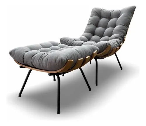 Poltrona Costela G2home + Puff Linho Cinza Lâmina Madeira