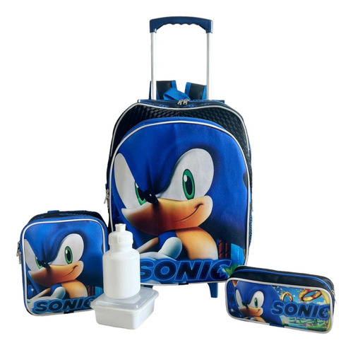 Kit Mochila Infantil Escolar Sonic Rodinhas Tam G F5 Meninos