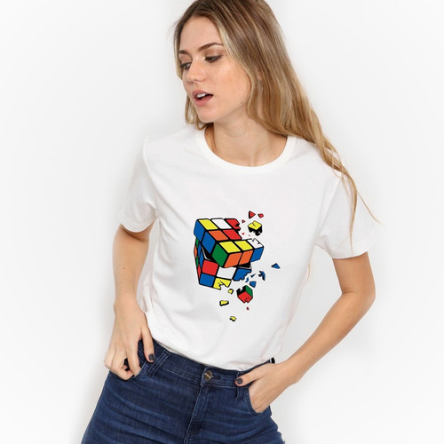 Imagen 3 de 6 de Remera Blanca Cubo Rubik Hombre Mujer Niños Modal Premium