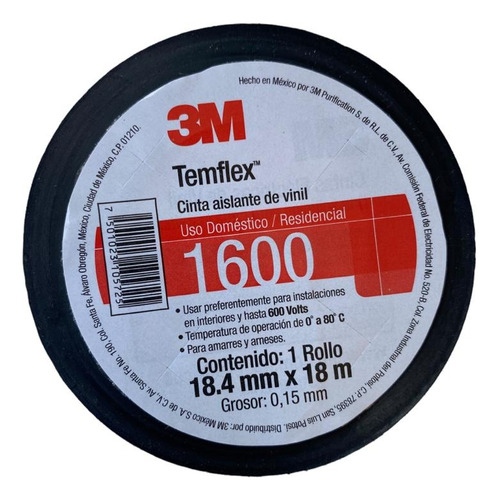 Cinta Aislar 3m Temflex Vinil 600 Volts 18.4mm X 18 Mt 80 ºc