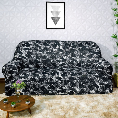 Capas Para Sofa 3 Lugares Malha Black Flower Luxo