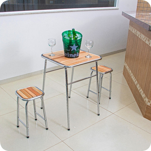 Conjunto De Mesa E 2 Bancos Cromado Para Varanda Gourmet Cor Cromada Desenho Do Tecido Das Cadeiras Liso