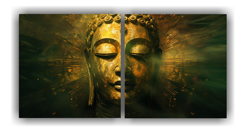 120x60cm Cuadro Abstracto Dorado Y Verde Con Cara De Buda