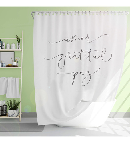 Cortina Bano Tela Estampada Diseño Ducha Color Amor Paz Gratitud Letras Gris Algodón