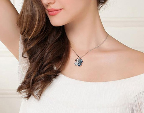Collar Mujer Trébol Cristal Swarovski Azul,bañado Oro 18k Lb