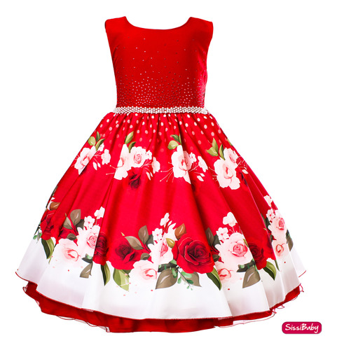 Vestido Infantil Floral Vermelho Rosas Natal Casamento Festa