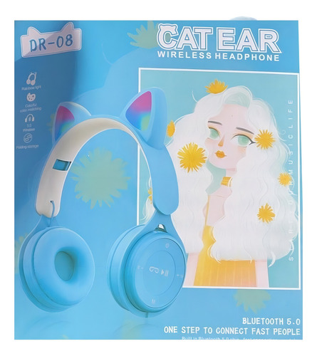 Audífonos Oreja De Gato Bluetooth Y Luces Color Azul