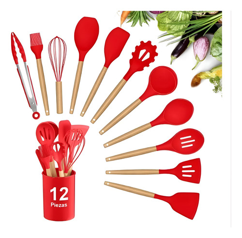 Set 12 Utensilios De Cocina Mango Madera Punta Silicona Rojo