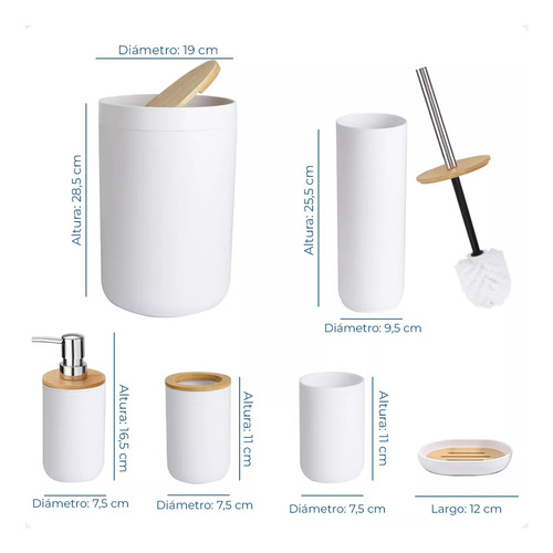 Juego De Accesorios Para Baño Cesto Cepillo Dispenser Blanco