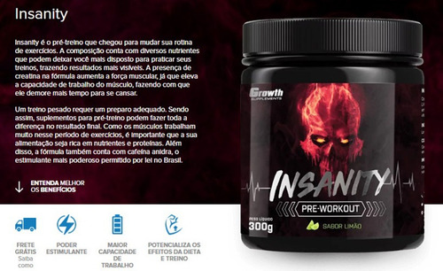 Pré Treino Insanity 300g Growth Supplements Original Uva