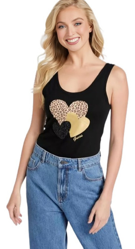 Guess Blusa Dama Estilo Lennan Heart Tank Corazon Lentejuela