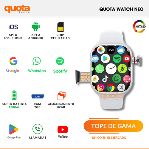 Smartwatch Neo Google Wifi Spotify Mujer Llamadas Deportivo Plateado