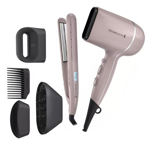 Combo Secadora + Alaciador C/ Ceramica Remington Wet 2 Style Color Rosa