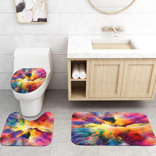 Cortina De Baño Con Tapetes Diseño Abstracto Multicolor 4 Pz