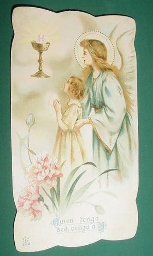Religion Litografia Angel Con Niña Y Caliz Manuscrita 1928