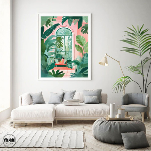 Lámina Decorativa Mujer Jardín Tropical Rosa Plantas Hojas Multicolor Sin Armazón