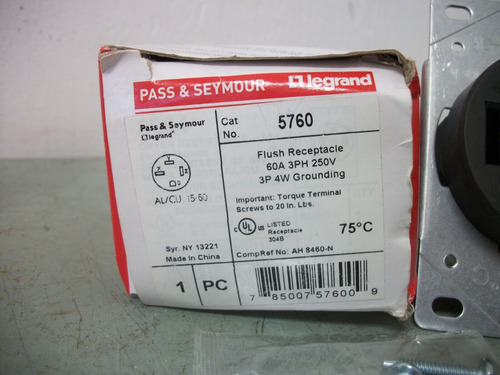 Pass & Seymour Flush Receptacle 5760 60amp 250volt 3ph 3 Ddl
