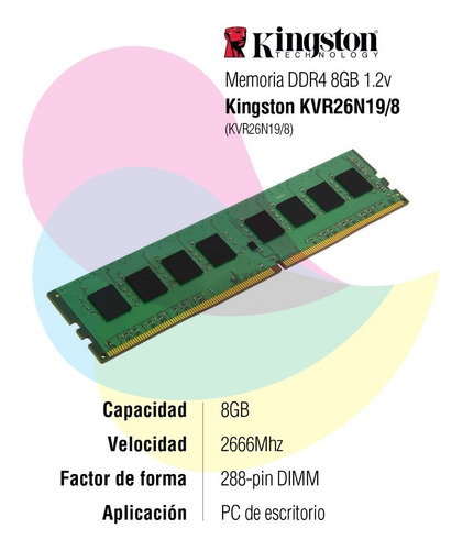 Imagen 2 de 4 de Memoria Kingston Dimm Ddr4 8gb 2666mhz 1.2v Kvr26n19/8