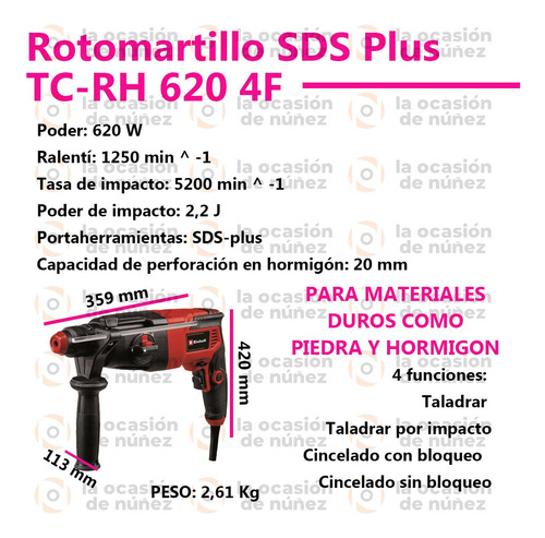 Imagen 2 de 9 de Rotomartillo Taladro Einhell Percutor 20mm Maletin Tc-rh620