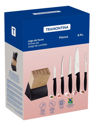 Juego de cuchillos Tramontina Plenus de acero inoxidable con soporte de madera, 6 piezas