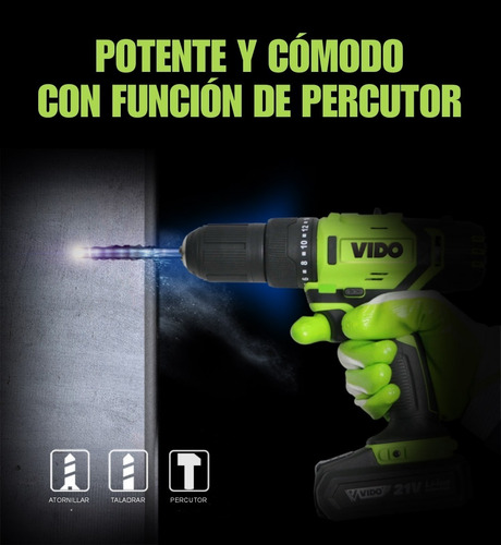 Imagen 3 de 8 de Taladro Inalámbrico Percutor Vido 21v C/ Maleta Y Accesorios