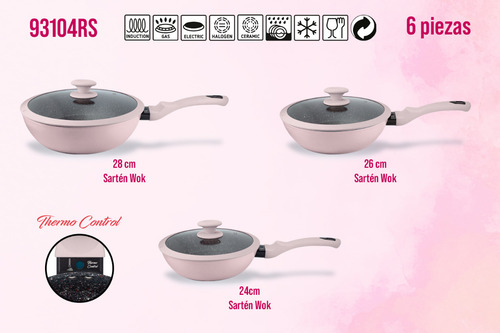 Juego De Sartenes Rosas Con Tapa Y Termo Control 3pzas Alfa Color Rosa