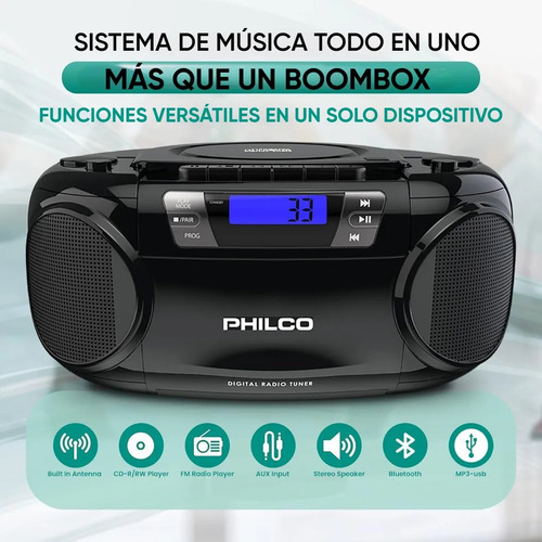 Boombox Cd Bluetooth Y Casete 12w Color Negro
