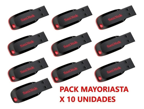 Imagen 2 de 4 de Pack X10 Pendrive Sandisk Cruzer Blade 32gb 2.0 Negro Y Rojo