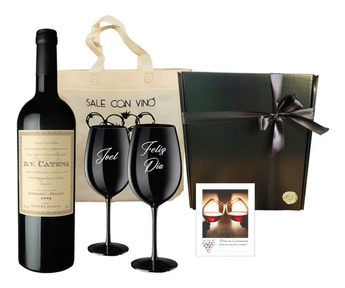 Box Vino Dv Catena Cabernet Malbec + 2 Copas Negras Grabadas