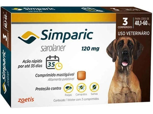 Simparic Cães 40,1 A 60 Kg 120 Mg Caixa 3 Comprimidos