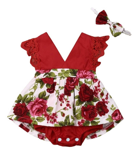 Vestido Floreado Para Niña Con Encaje Y Diadema Tipo Pañaler