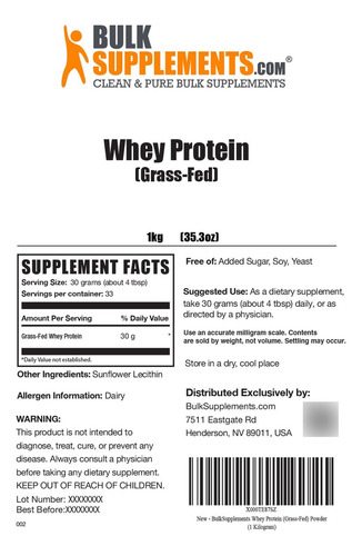Bulksupplements Pure Grass-fed Whey Protein Isolate Powder (
