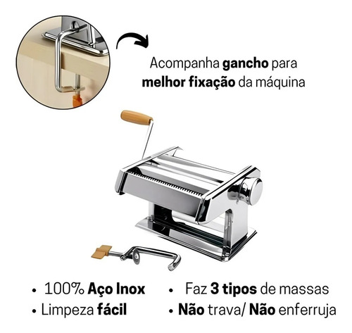 Máquina Fazer Macarrão Massas Caseiras Em Aço Inox 3 Tipos Prateada