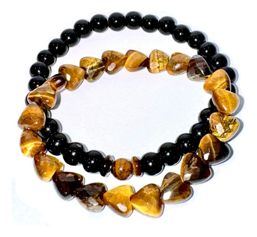 Kit 2 Pulseiras Onix E Olho De Tigre Coração Sextavado