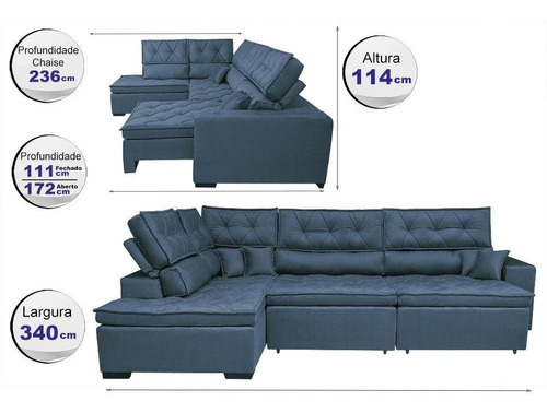 Sofa De Canto Retrátil Reclinável Cama Inbox Platinum Azul