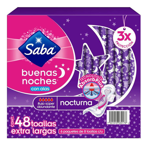 Toallas Femeninas Saba Buenas Noches Nocturna C/alas 48 Pzs
