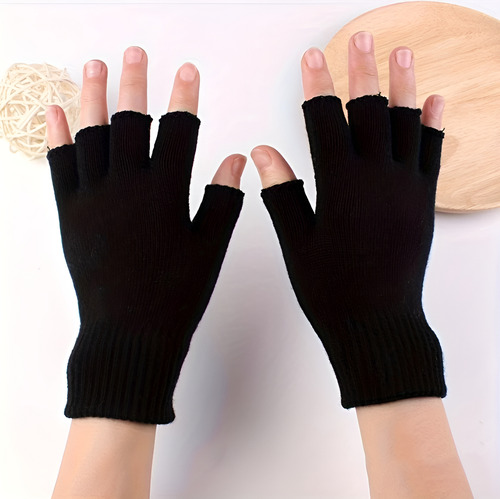 Guantes Lana Dedos Cortados Negro Unisex Rock Invierno Negro Liso