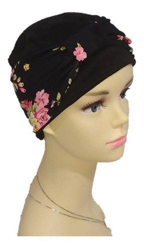 Turbante Gorro Con Banda Dama Oncológico Quimio Algodón Color Negro Con Estampado