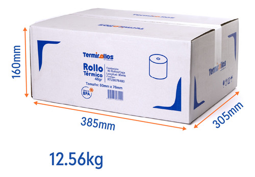 Rollo Termico 80 Mm X 80 Mts Caja 40pz Termirollos Libre Bpa Color Blanco