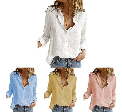Blusa De Lino De Manga Larga De Color Liso