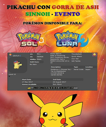 Imagen 2 de 6 de Pikachu Gorra De Ash / Sinnoh - Evento - Pokémon Sol Luna