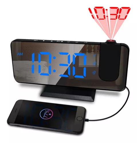 Reloj despertador digital de proyección para dormitorio, reloj despertador  LED en pared de techo, proyector de 180°, alarma dual, atenuador, cargador