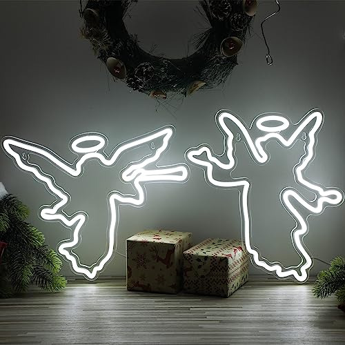 2 Pcs Christmas Angel Warm White Neon Sign With Horn Li...