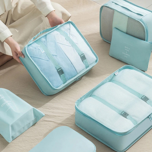 Kit 7 Pçs Bolsas De Viagem Organizador Prático De Mala Roupa Cor Preto