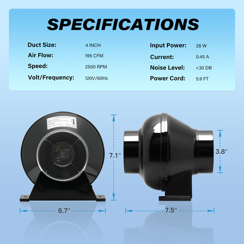 Ventilador De Escape En Línea Healsmart De 4 Pulgadas Y 195