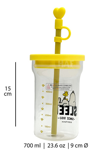 Vaso Snoopy 700ml Vidrio Con Tapa Y Popote Varios Colores