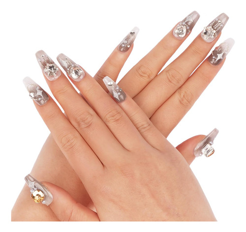Uñas A Presión En Forma De Ataúd, Color Gris Estrella, Uñas